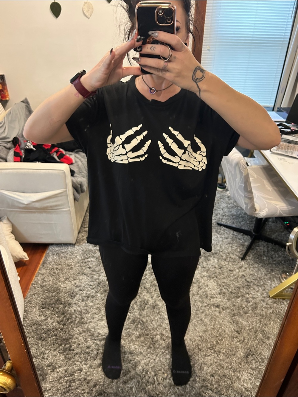 Black Tee with White Skeleton Hands Bra Graphic